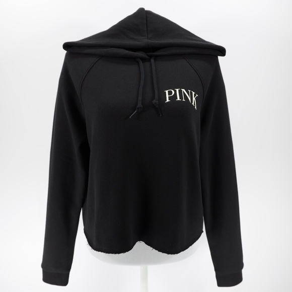 Pink Women's Raw Edge Hem Cropped Everyday Fleece Pullover Hoodie Black Size L - Picture 1 of 8